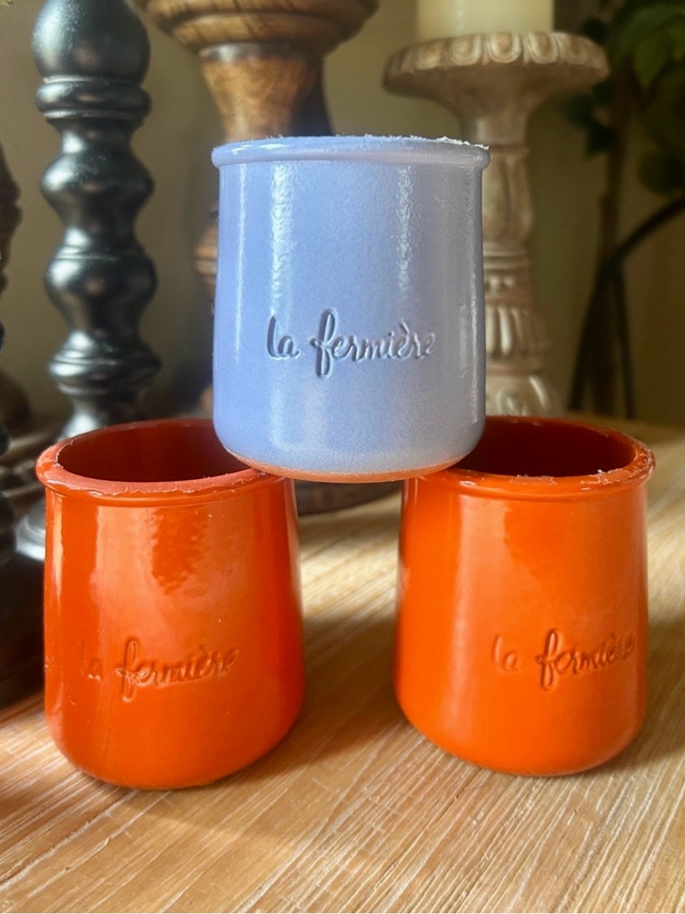 3 La Fermière Terracotta Glazed Jars Pots Lavender & Orange Made In France